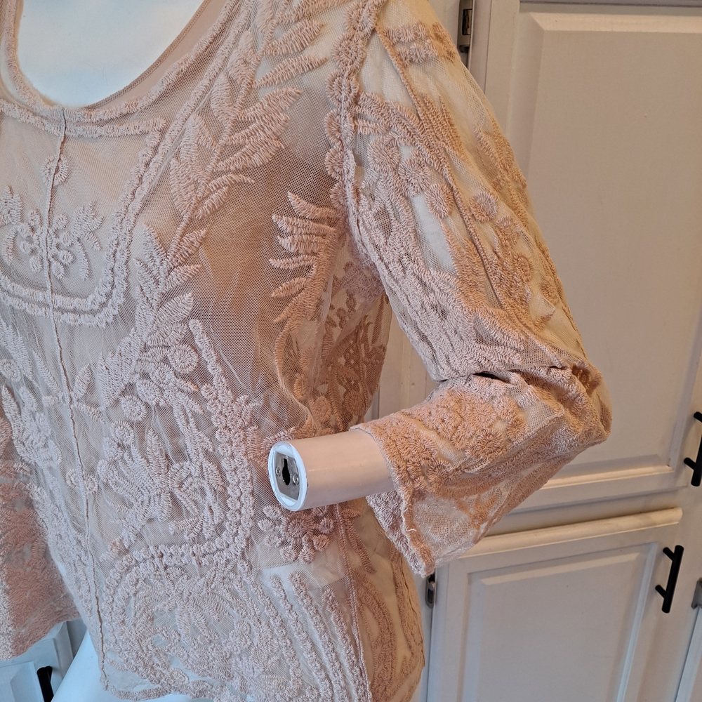 Ultra Pink Blush Dusty Rose Embroidered Sheer Lace Scoop-Neck Blouse - Picture 5 of 12